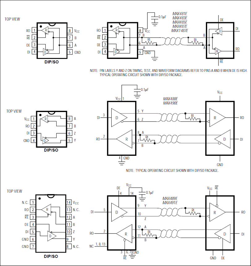 MAX1487E, MAX481E, MAX483E, MAX485E, MAX487E, MAX488E, MAX489E, MAX490E, MAX491E: Pin Configuration and Typical Operating Circuit