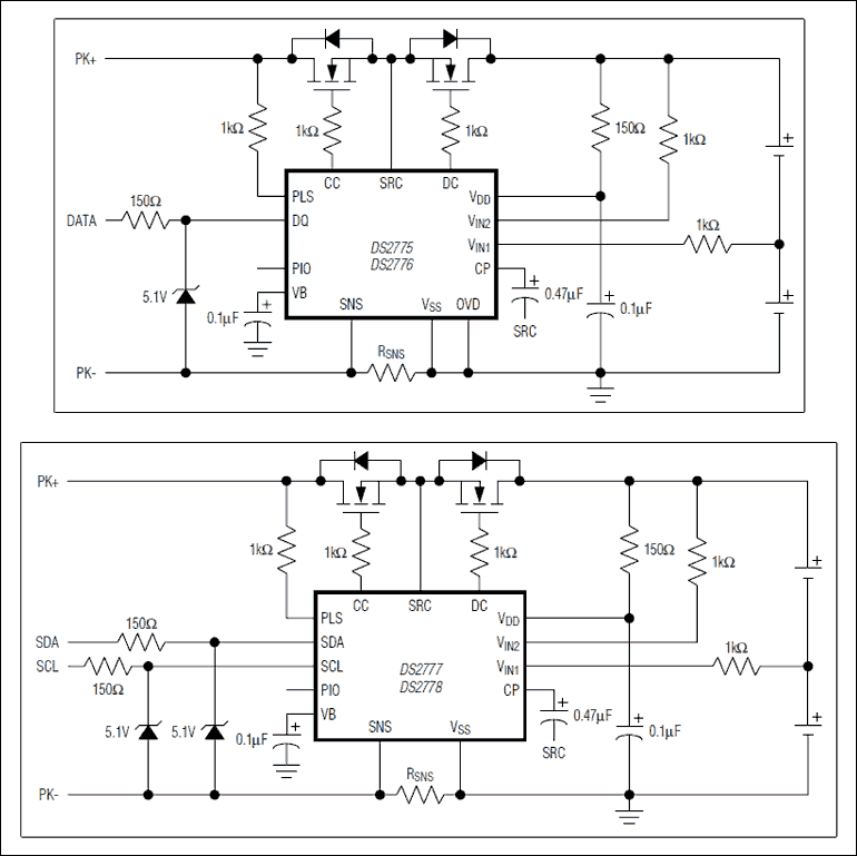 DS2775、DS2776、DS2777、DS2778：標準アプリケーション回路