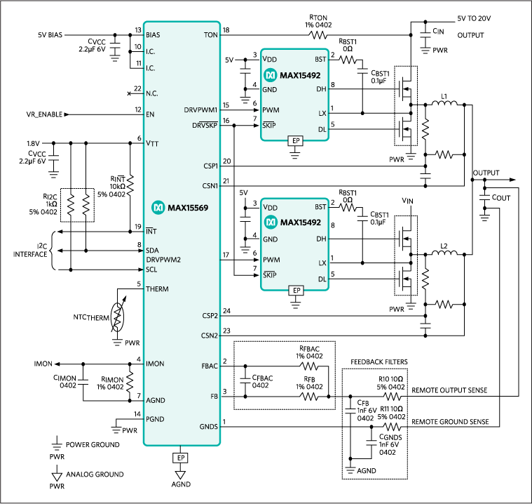 MAX15569: Typical Application Circuit (with MAX15492 Driver and MOSFET)