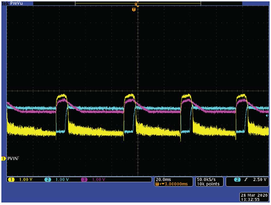 Figure 4. Circuit operation with old batteries: PVIN (yellow), VOUT (blue), and VIN (pink).