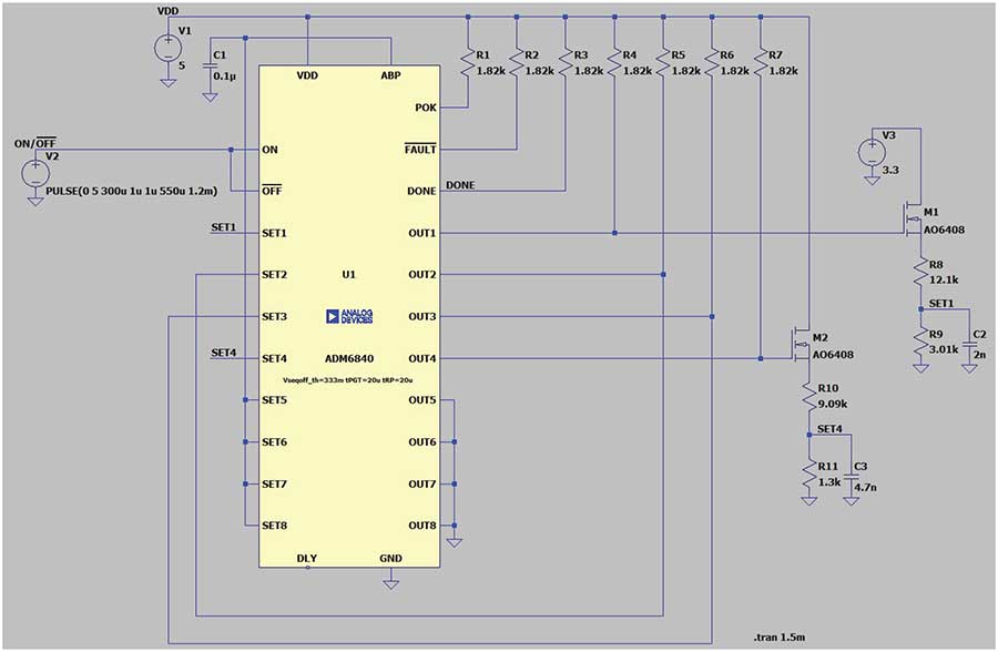 Figure 3. Simple evaluation of the ADM6840 sequencer/supervisory device.