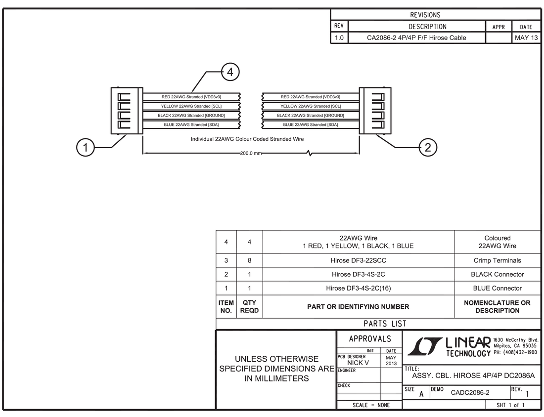 CA2086-2: 4-pin to 4-pin ribbon cable for use with DC2086