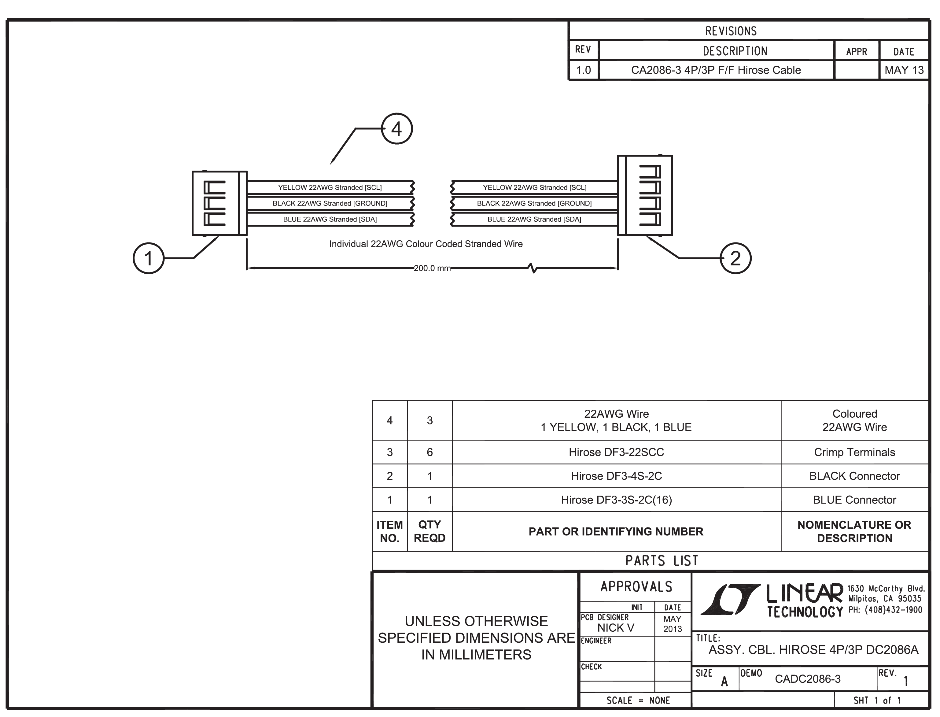 CA2086-3: 4-pin to 3-pin ribbon cable for use with DC2086