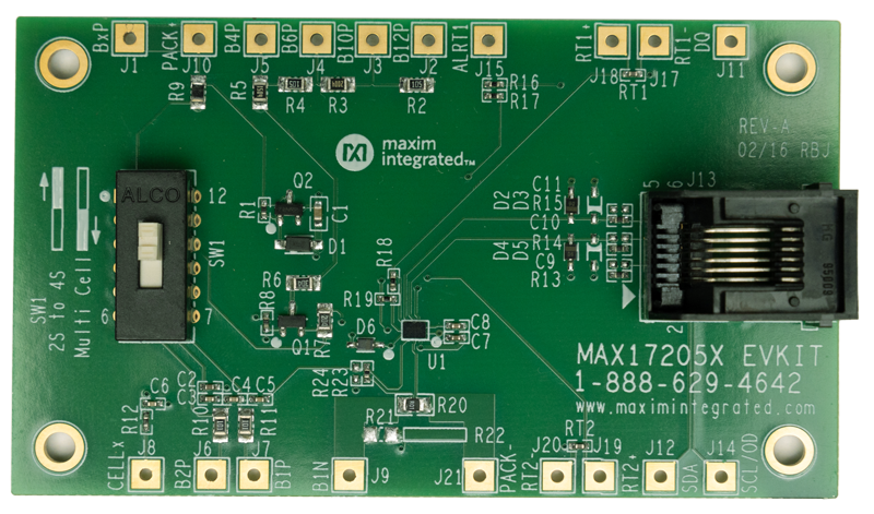 MAX17205GEVKIT, MAX17205XEVKIT, MAX17215GEVKIT, MAX17215XEVKIT: Board Photo