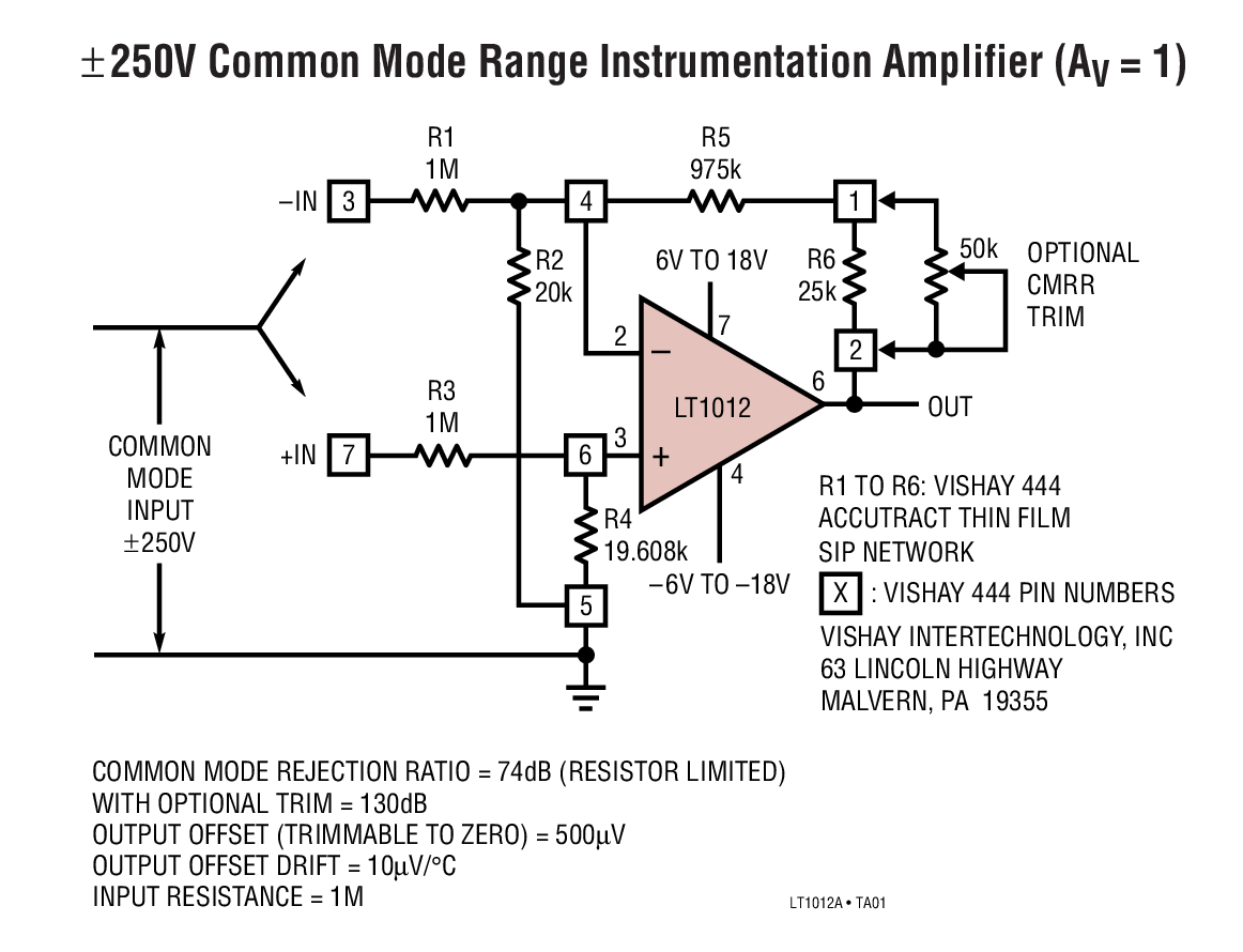 ±250V Common Mode Range Instrumentation Amplifier (AV = 1)