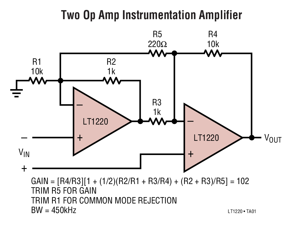 Two Op Amp Instrumentation Amplifier