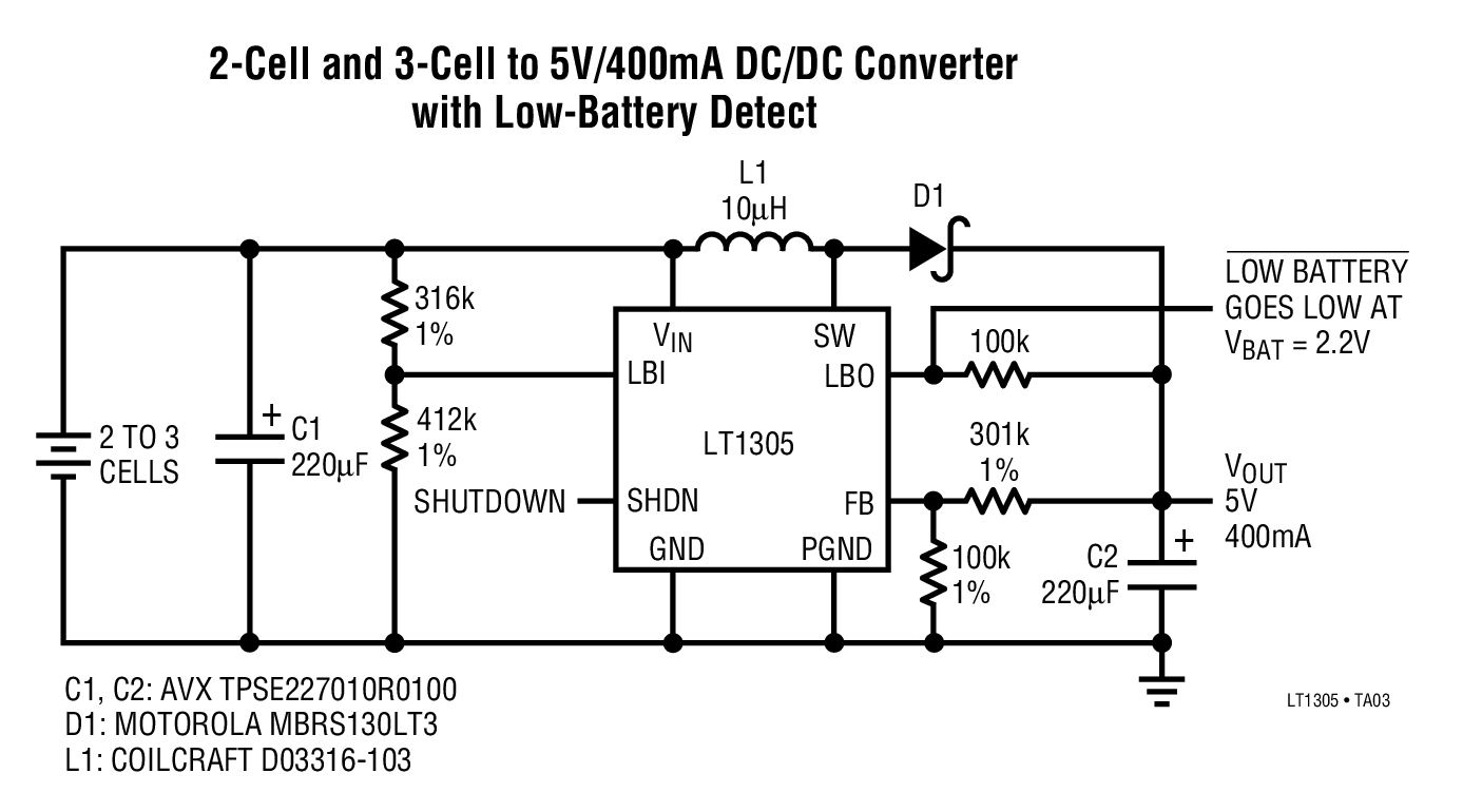 2-Cell and 3-Cell to 5V/400mA DC/DC Converter with Low-Battery Detect