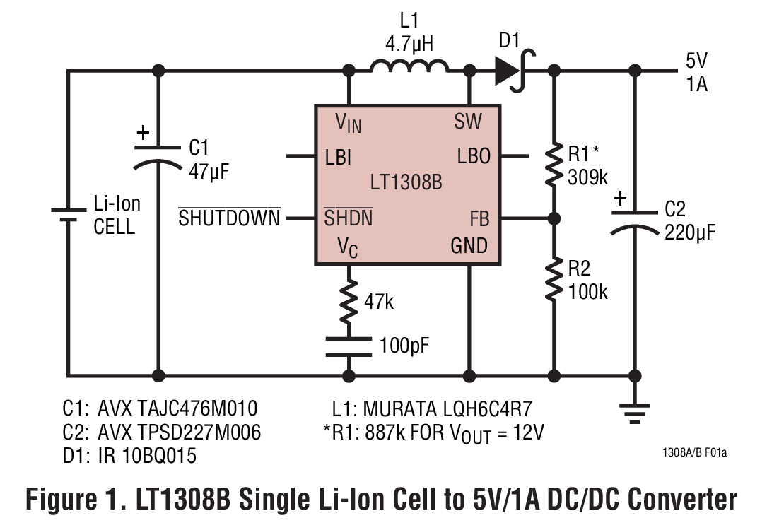 Figure 1. LT1308B Single Li-Ion Cell to 5V/1A DC/DC Converter