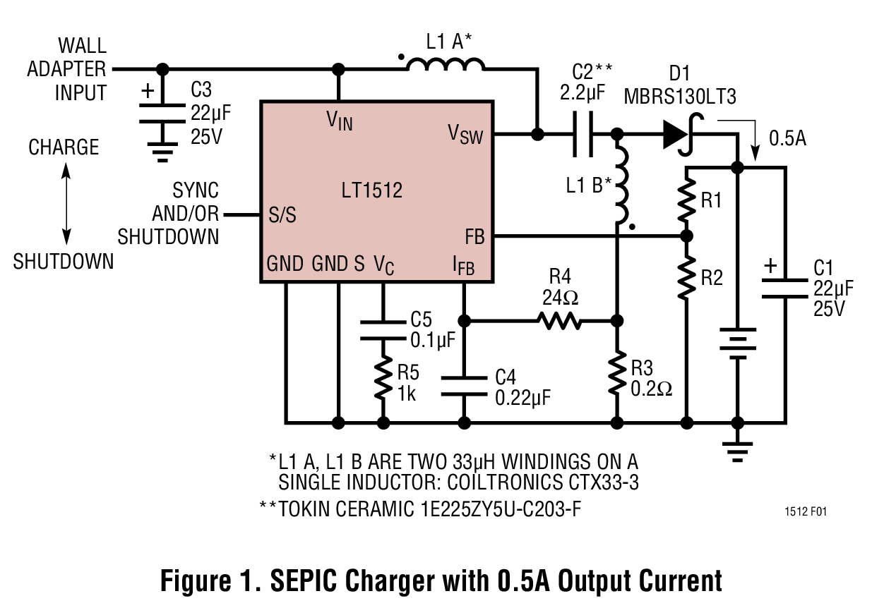 Figure 1. SEPIC Charger with 0.5A Output Current