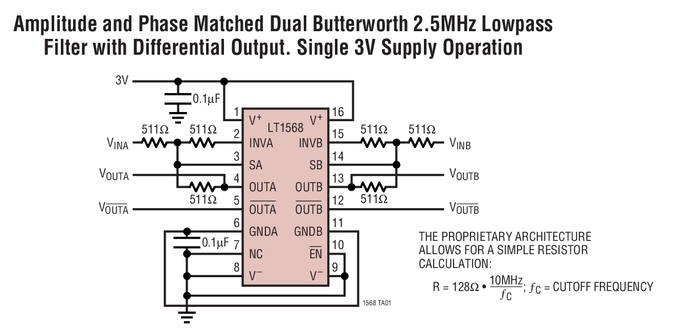 Amplitude and Phase Matched Dual Butterworth 2.5MHz Lowpass Filter with Differential Output. Single 3V Supply Operation