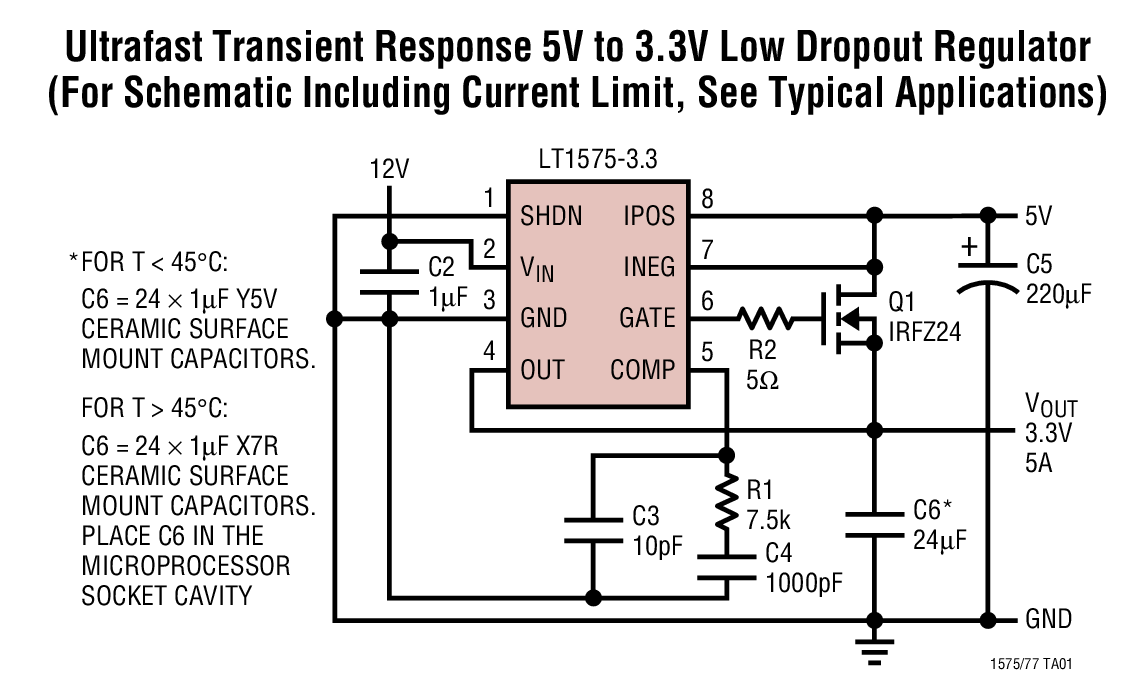 Ultrafast Transient Response 5V to 3.3V Low Dropout Regulator (For Schematic Including Current Limit, See Typical Applications)