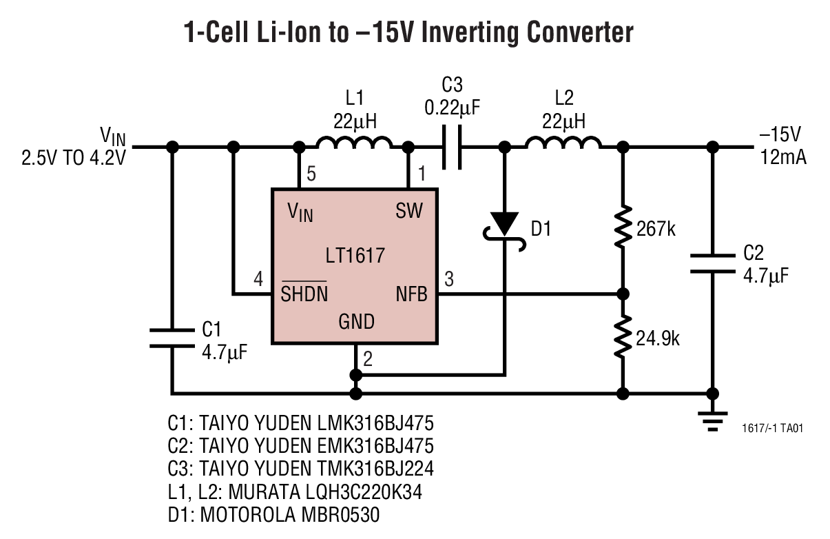1-Cell Li-Ion to –15V Inverting Converter
