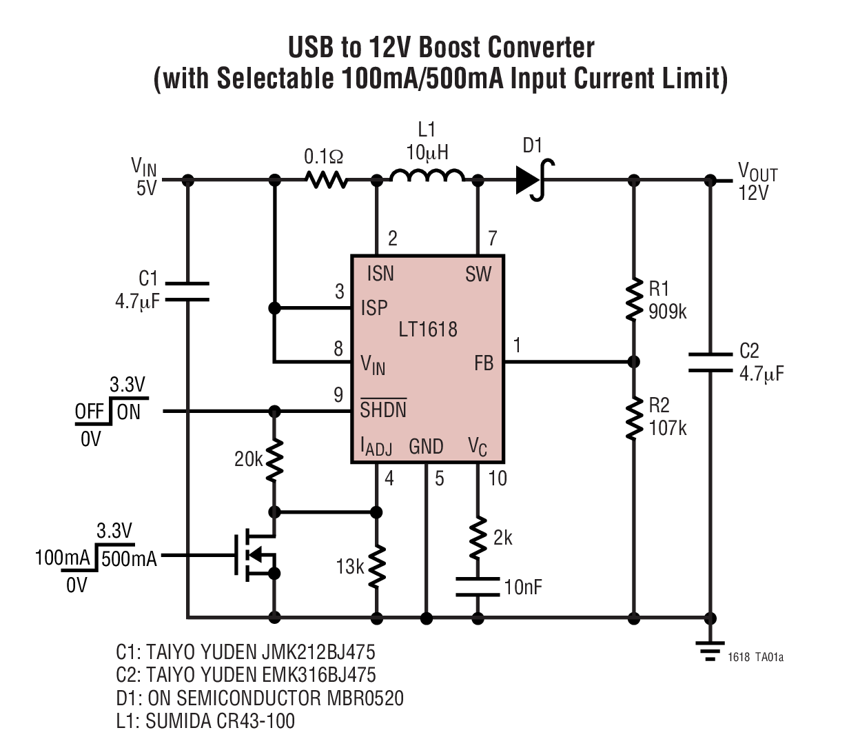 USB to 12V Boost Converter (with Selectable 100mA/500mA Input Current Limit)