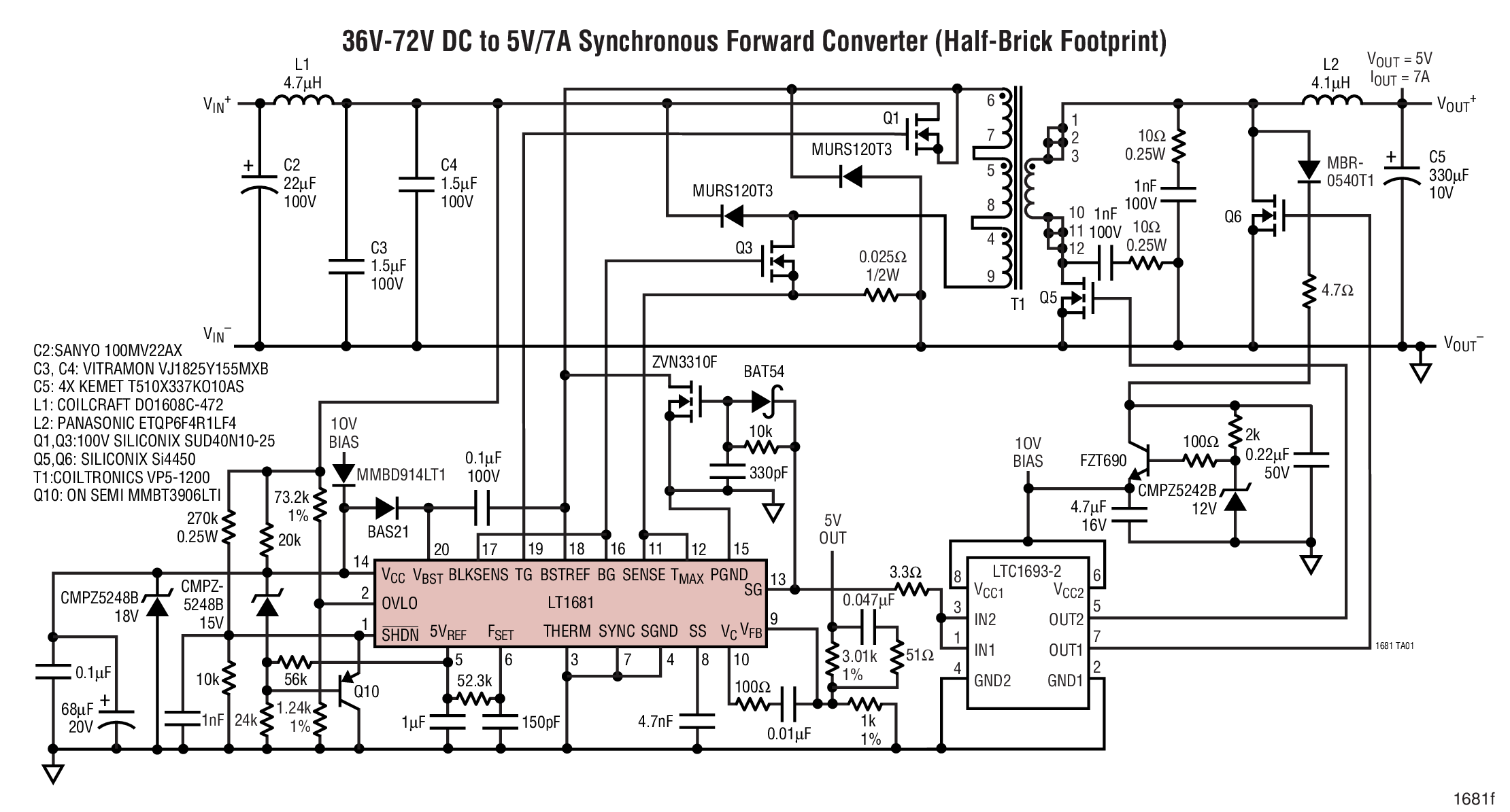 36V-72V DC to 5V/7A Synchronous Forward Converter (Half-Brick Footprint)