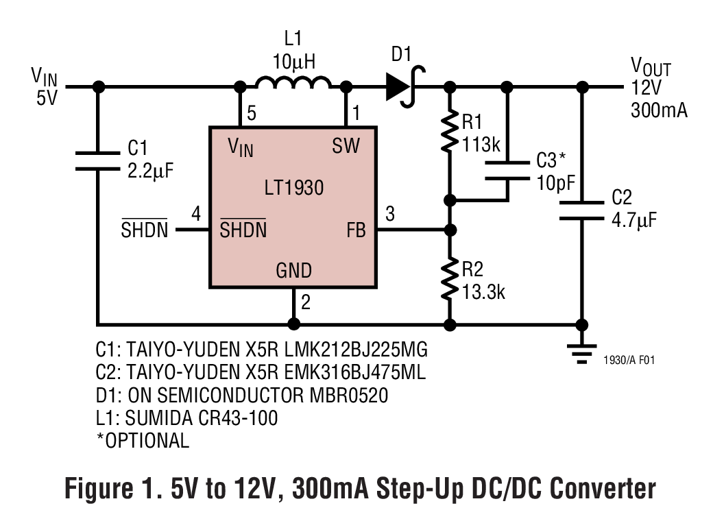 Figure 1. 5V to 12V, 300mA Step-Up DC/DC Converter