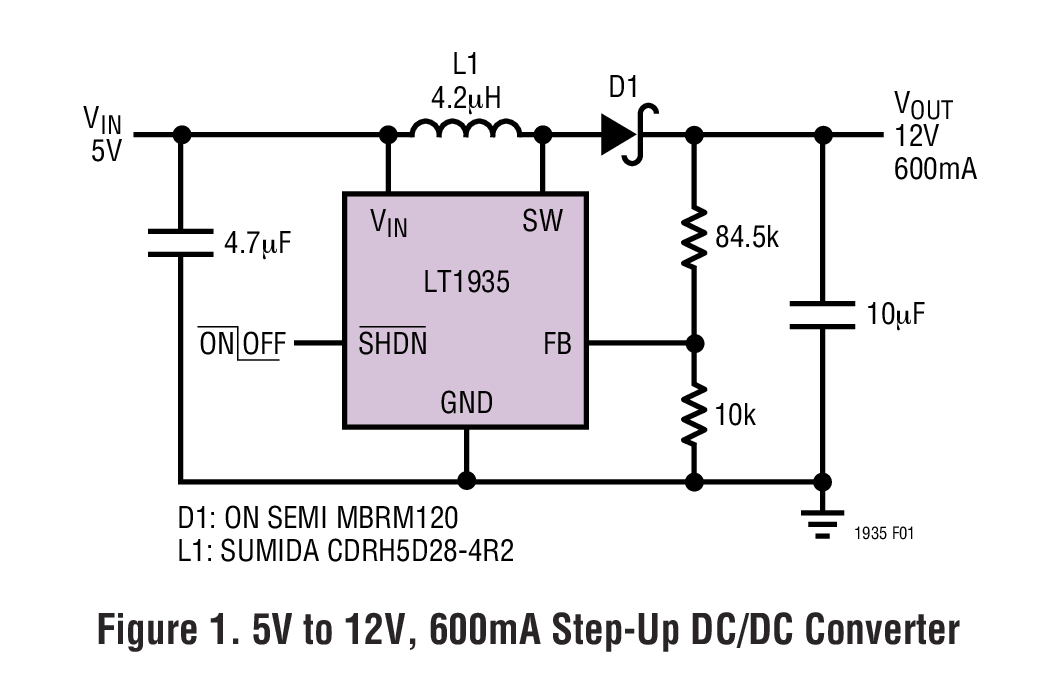 Figure 1. 5V to 12V, 600mA Step-Up DC/DC Converter