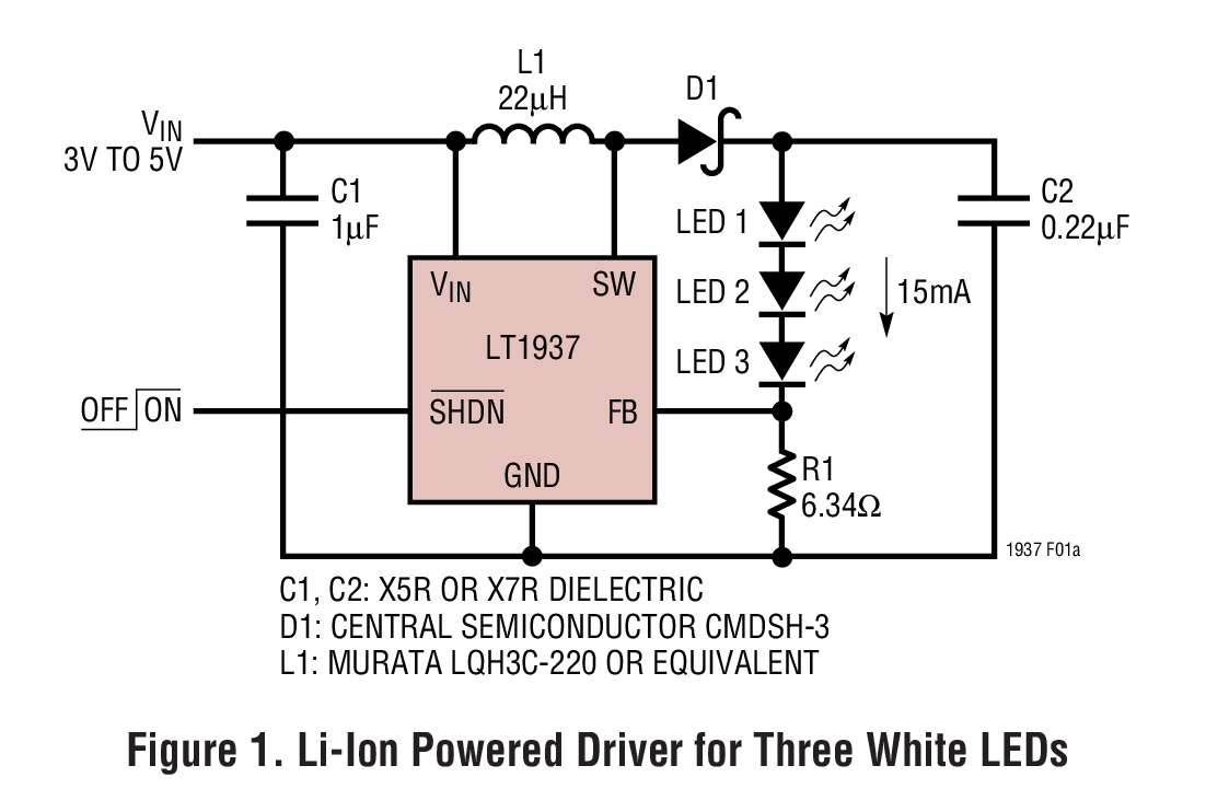 Figure 1. Li-Ion Powered Driver for Three White LEDs