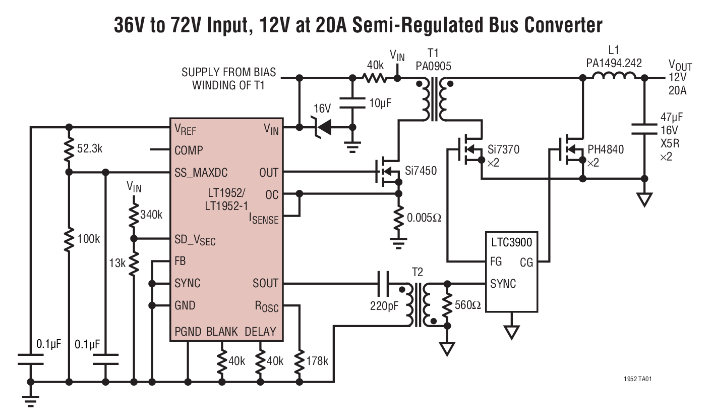 36V to 72V Input, 12V at 20A Semi-Regulated Bus Converter