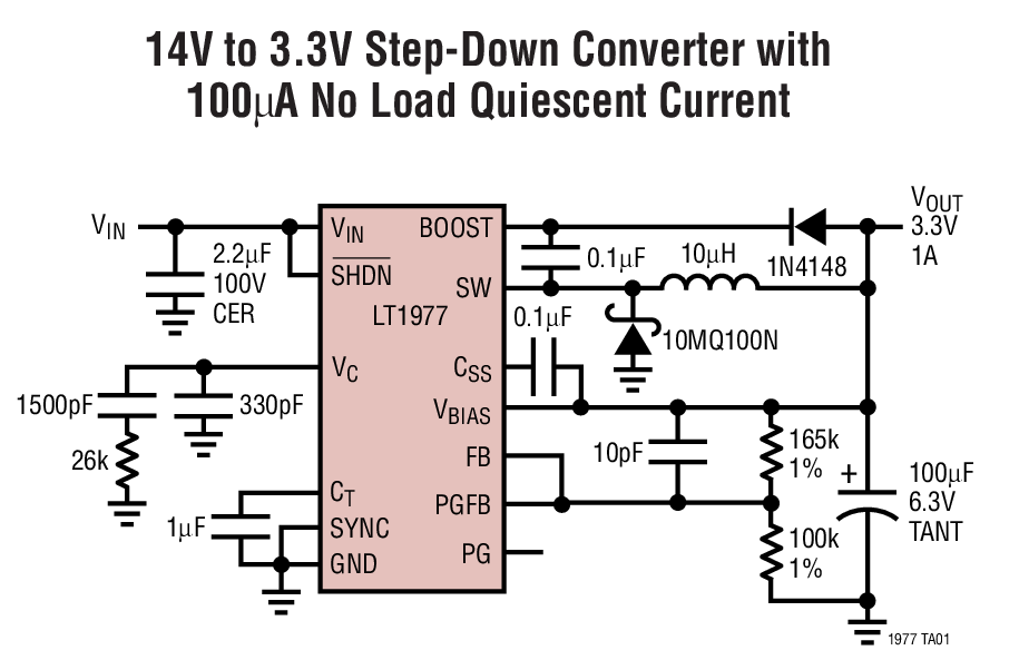 14V to 3.3V Step-Down Converter with 100µA No Load Quiescent Current