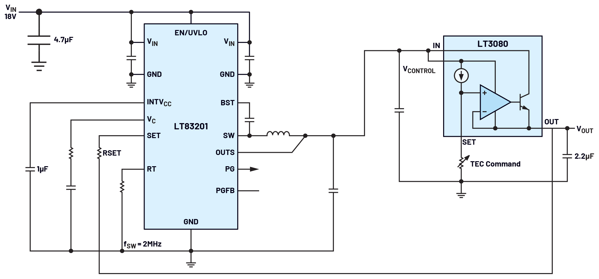 Figure 5. The LT3080 LDO utilizing the LT83201 current source reference architecture.