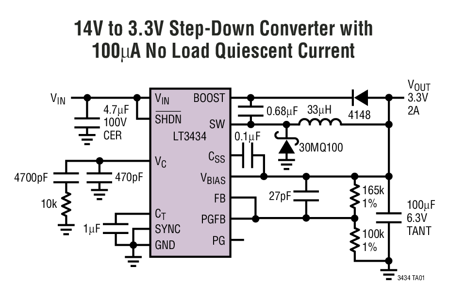 14V to 3.3V Step-Down Converter with 100µA No Load Quiescent Current