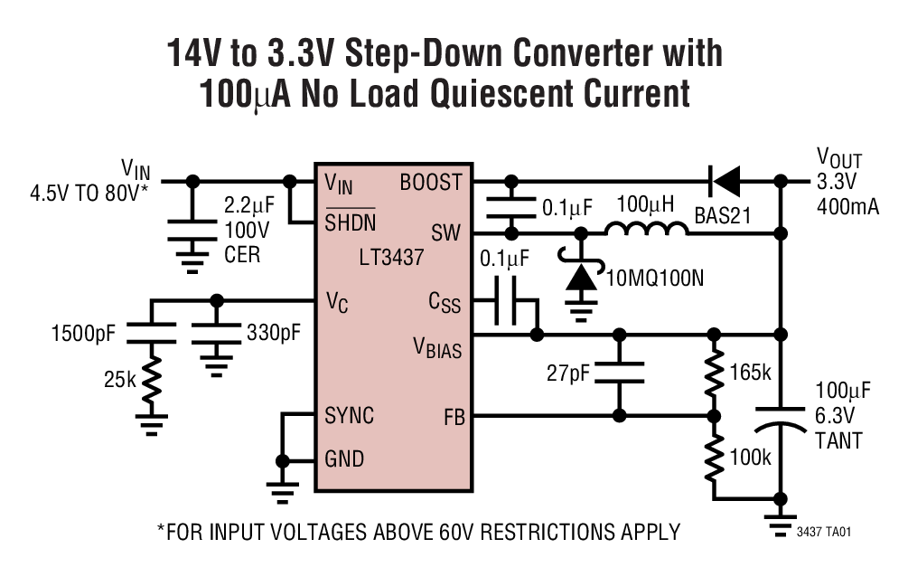 14V to 3.3V Step-Down Converter with 100µA No Load Quiescent Current