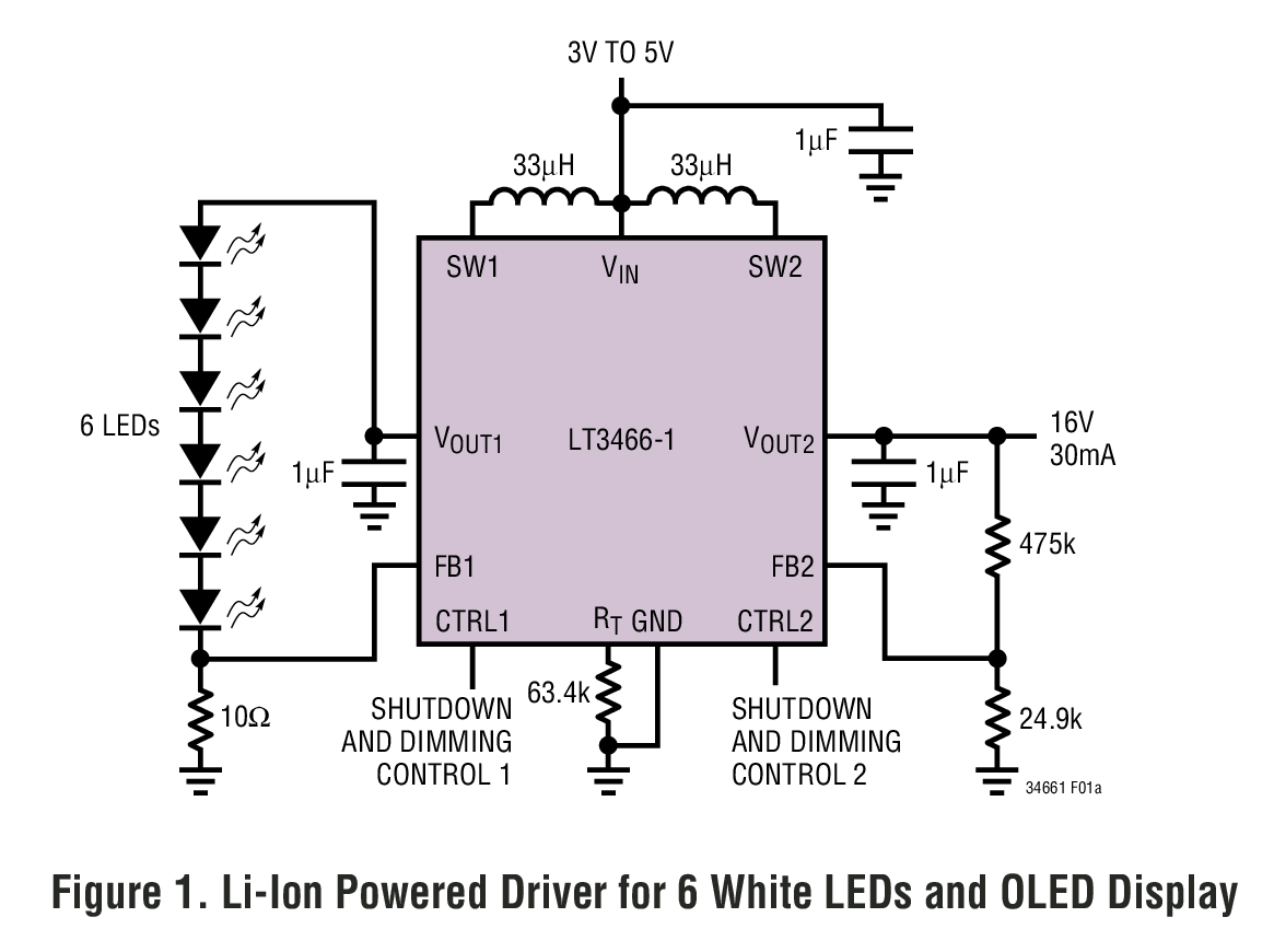 Li-Ion Powered Driver for 6 White LEDs and OLED Display