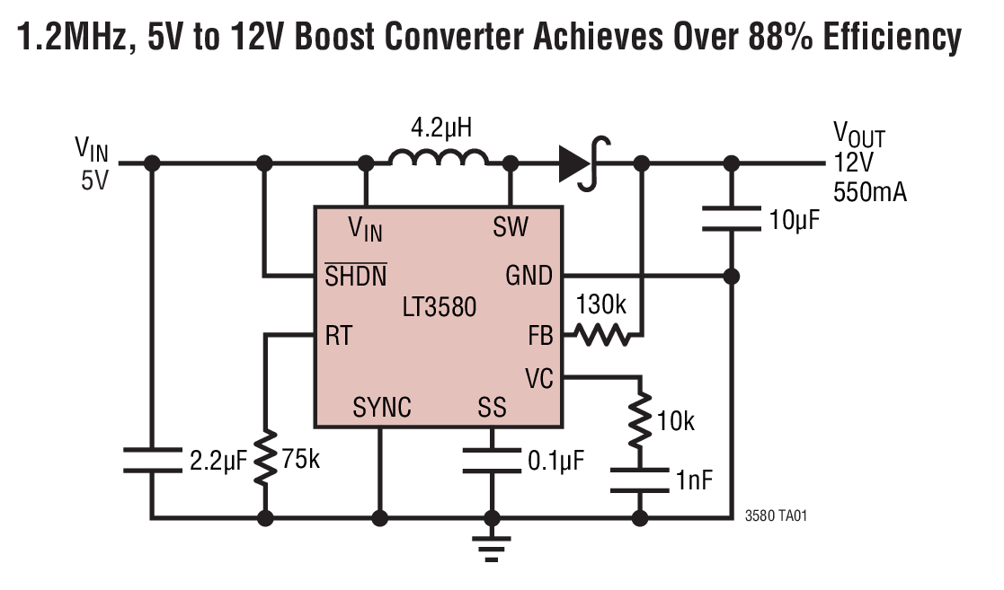 1.2MHz, 5V to 12V Boost Converter Achieves Over 88% Efficiency