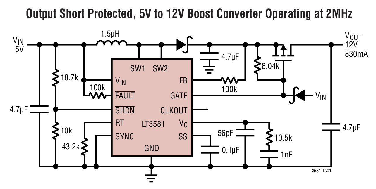 Output Short Protected, 5V to 12V Boost Converter Operating at 2MHz