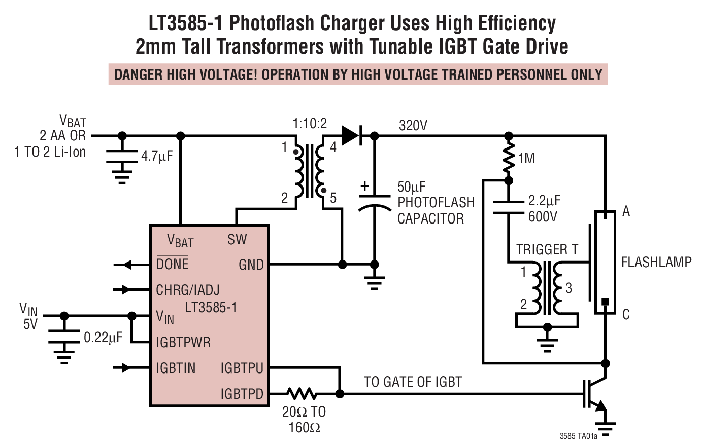 LT3585-1 Photoﬂash Charger Uses High Efﬁciency  2mm Tall Transformers with Tunable IGBT Gate Drive