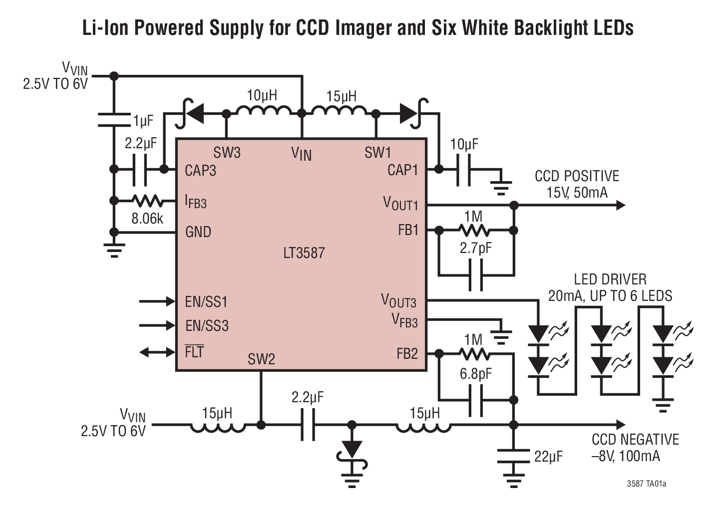 Li-Ion Powered Supply for CCD Imager and Six White Backlight LEDs