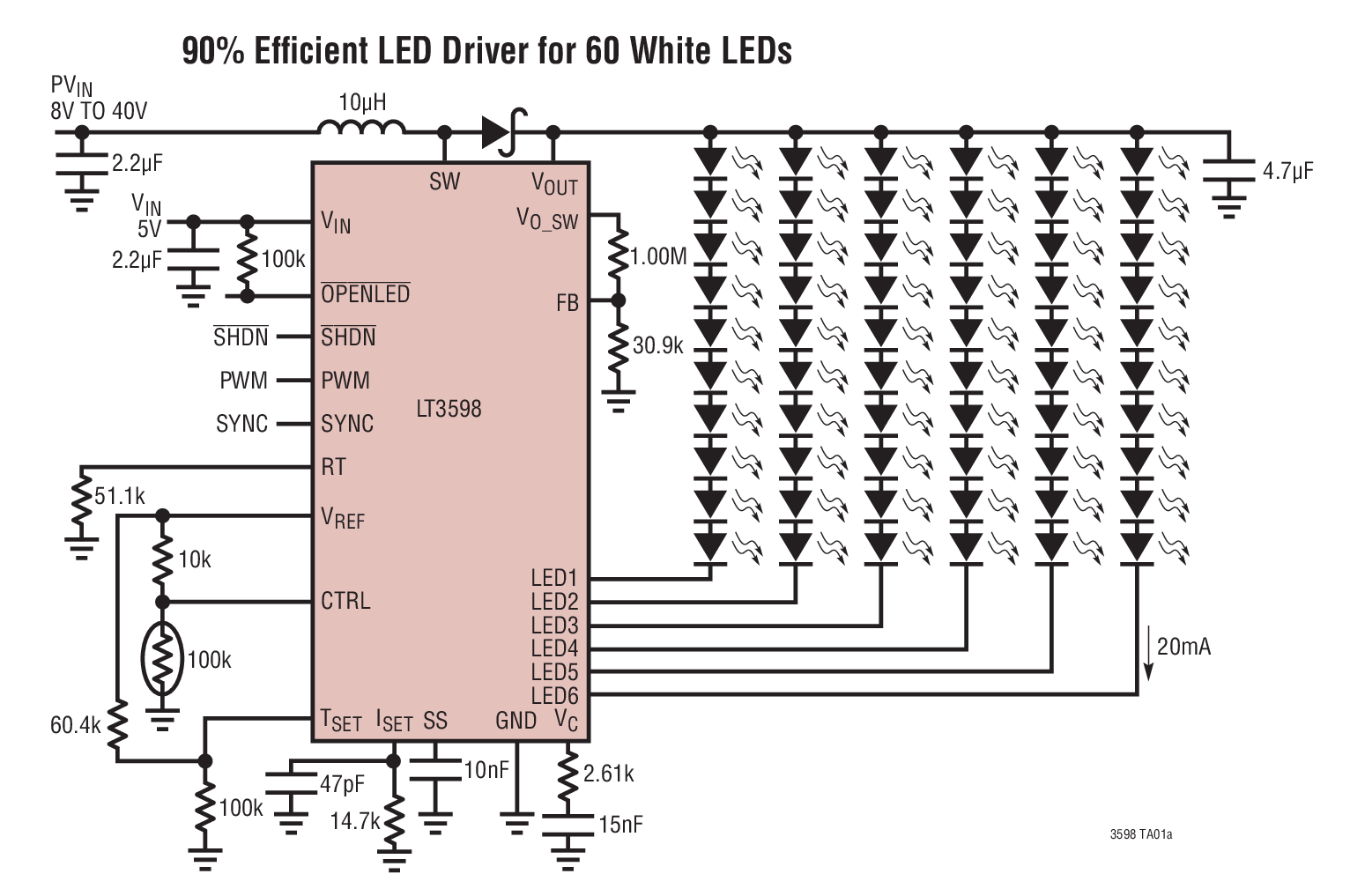 90% Efﬁcient LED Driver for 60 White LEDs