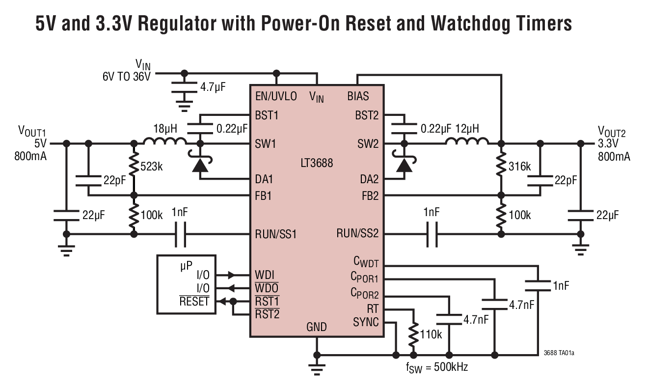 5V and 3.3V Regulator with Power-On Reset and Watchdog Timers