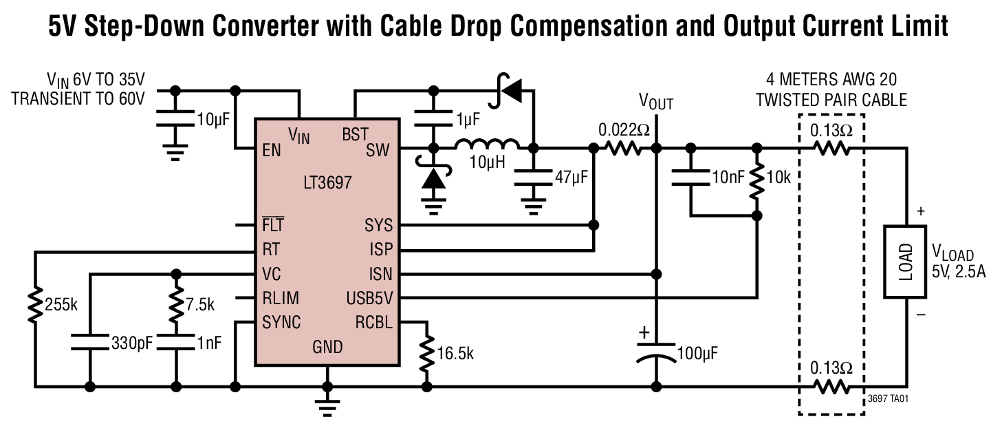 5V Step-Down Converter with Cable Drop Compensation and Output Current Limit