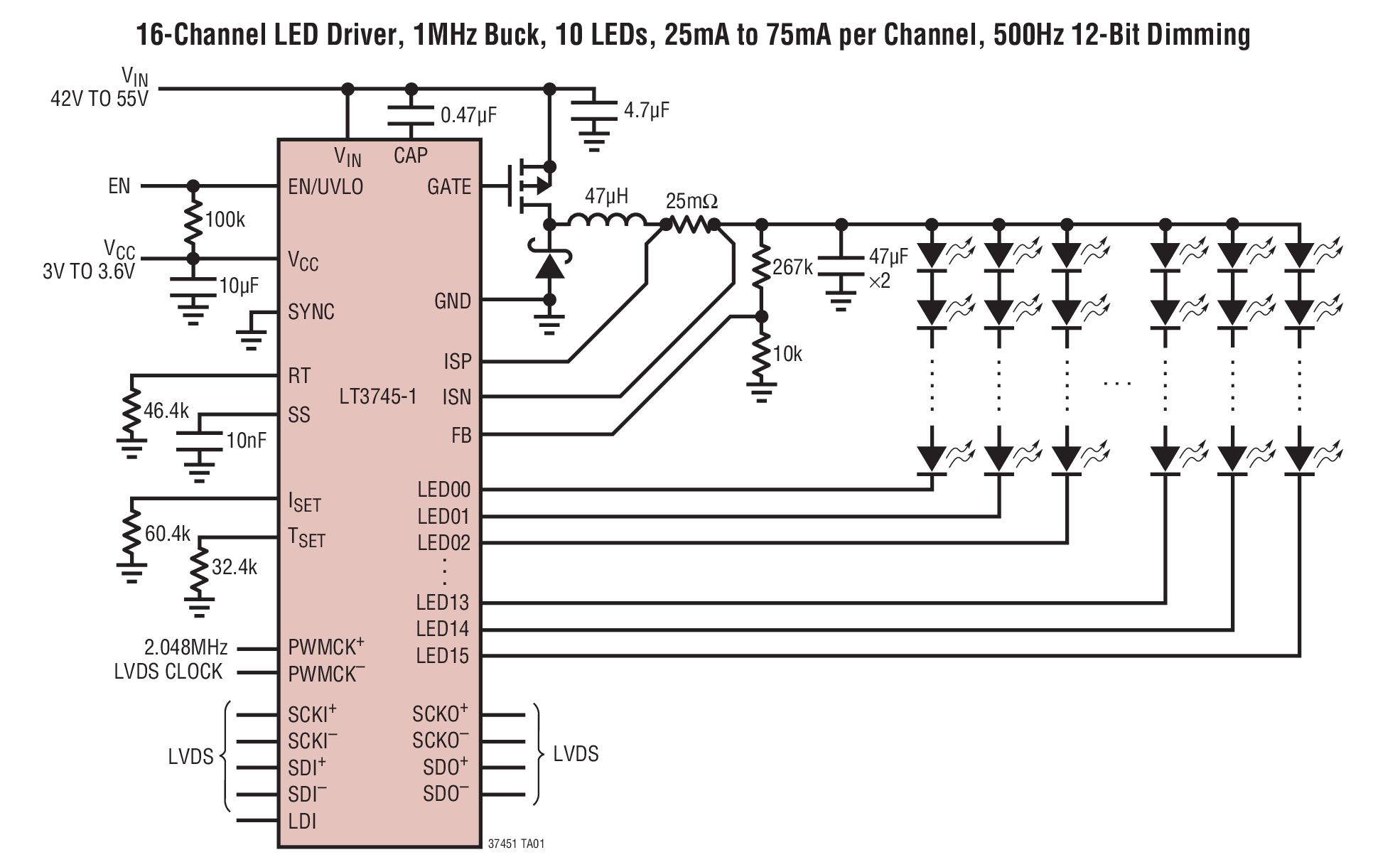 16-Channel LED Driver, 1MHz Buck, 10 LEDs, 25mA to 75mA per Channel, 500Hz 12-Bit Dimming