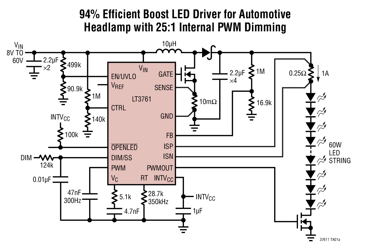 94% Efficient Boost LED Driver for Automotive  Headlamp with 25:1 Internal PWM Dimming