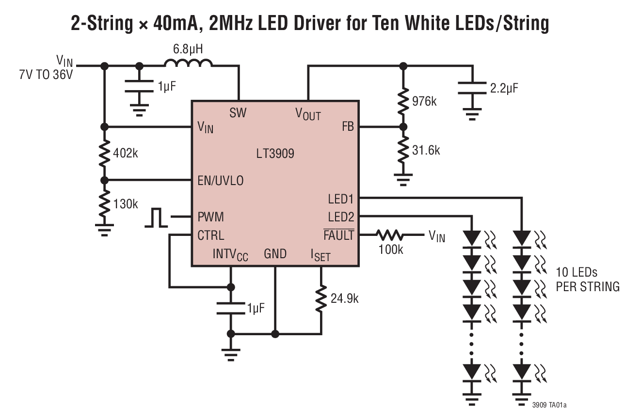 2-String × 40mA, 2MHz LED Driver for Ten White LEDs/String