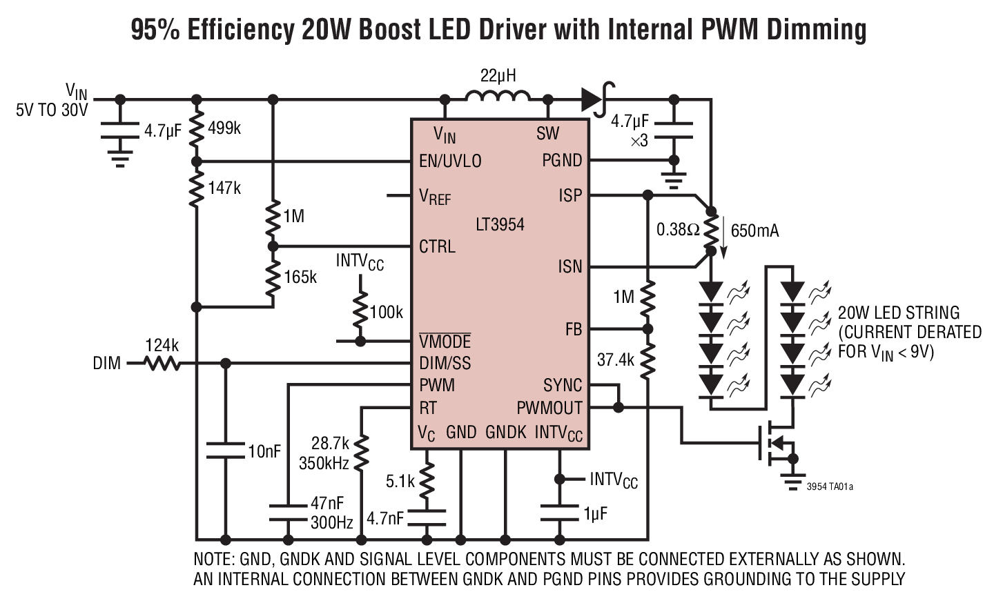 95% Efiiciency 20W Boost LED Driver with Internal PWM Dimming