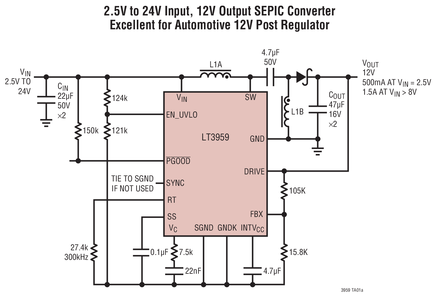 2.5V to 24V Input, 12V Output SEPIC Converter Excellent for Automotive 12V Post Regulator
