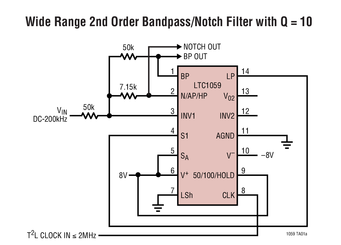 Wide Range 2nd Order Bandpass/Notch Filter with Q = 10