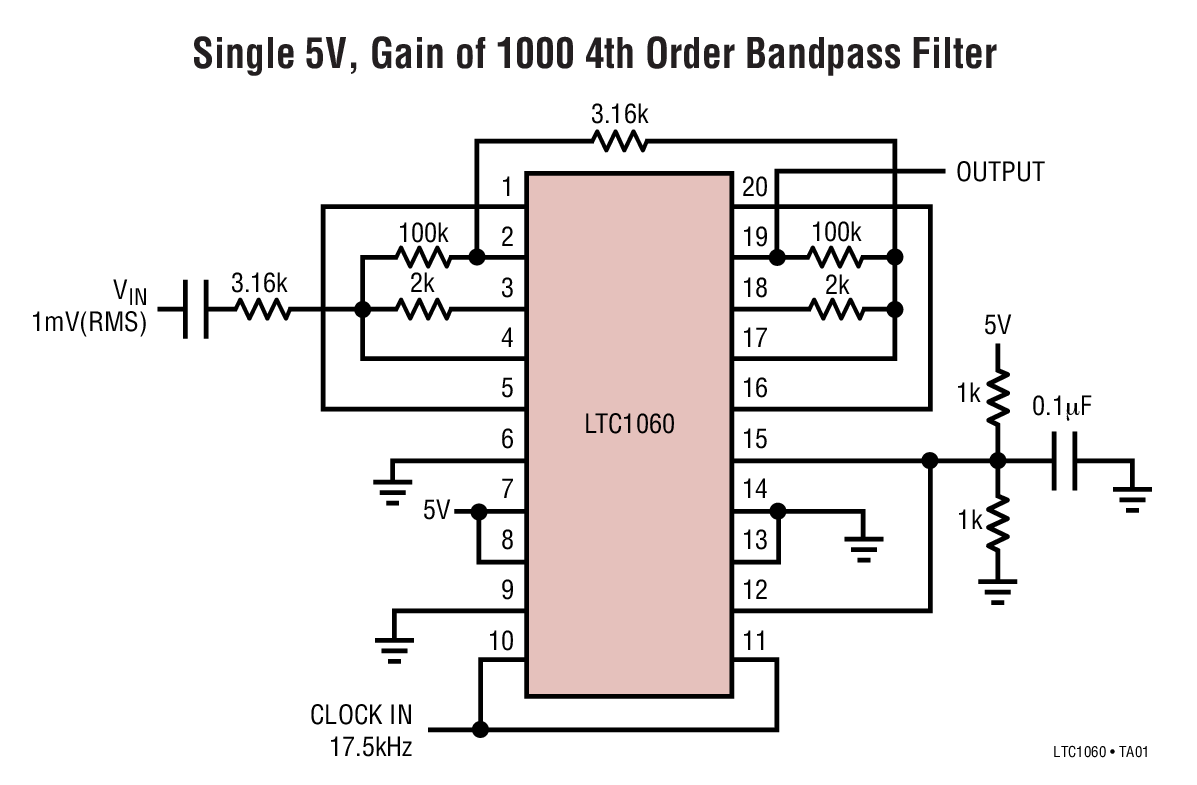 Single 5V, Gain of 1000 4th Order Bandpass Filter