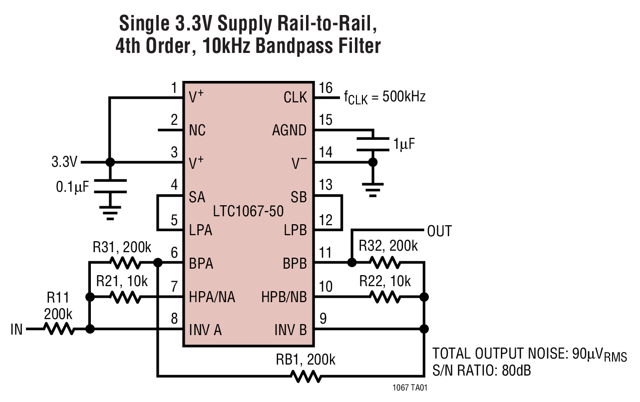 Single 3.3V Supply Rail-to-Rail, 4th Order, 10kHz Bandpass Filter