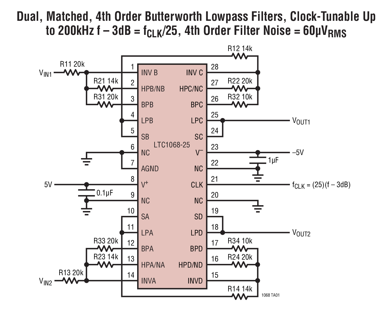 Dual, Matched, 4th Order Butterworth Lowpass Filters, Clock-Tunable Up  to 200kHz f – 3dB = fCLK/25, 4th Order Filter Noise = 60µVRMS