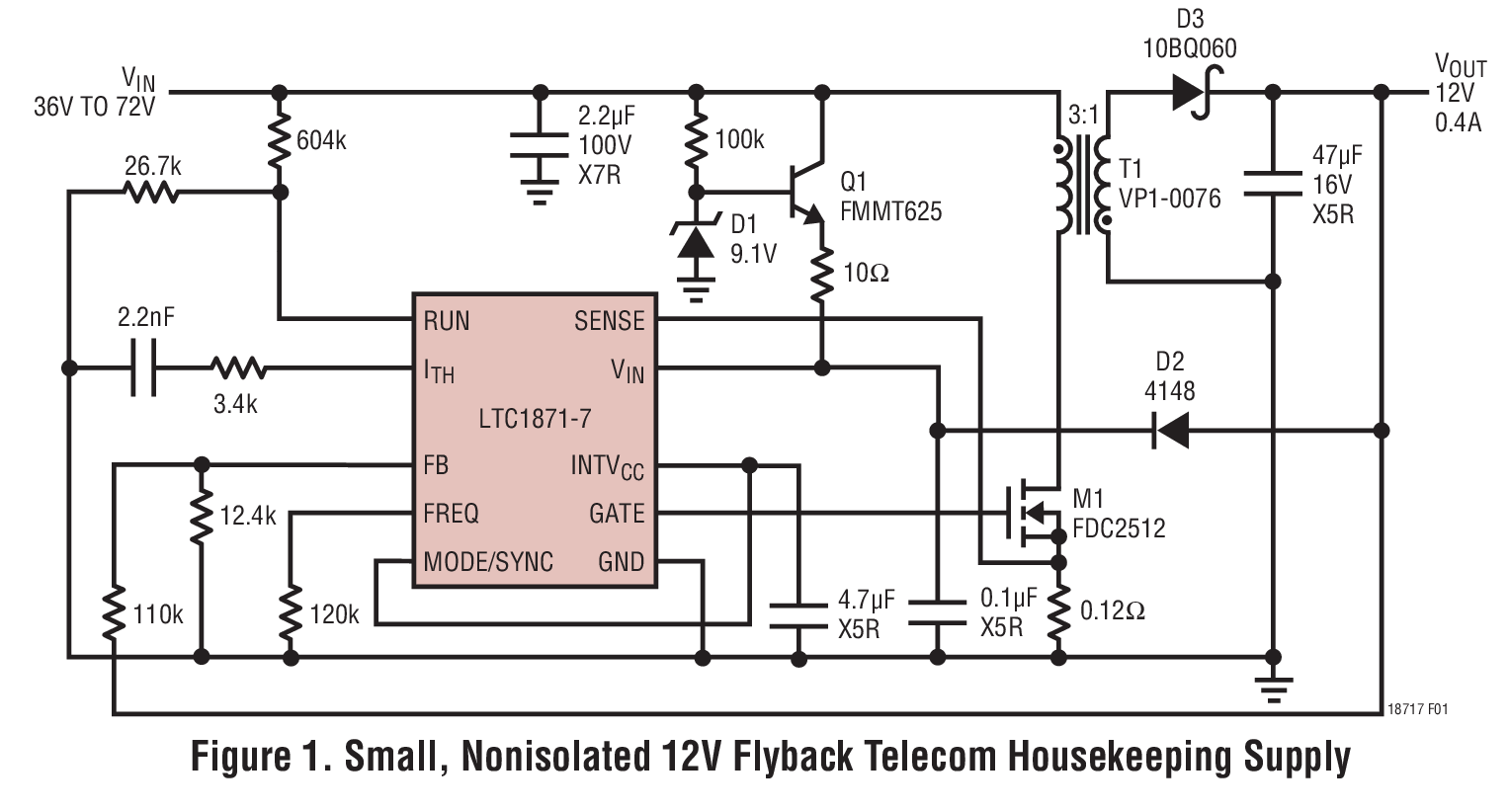 Small, Nonisolated 12V Flyback Telecom Housekeeping Supply