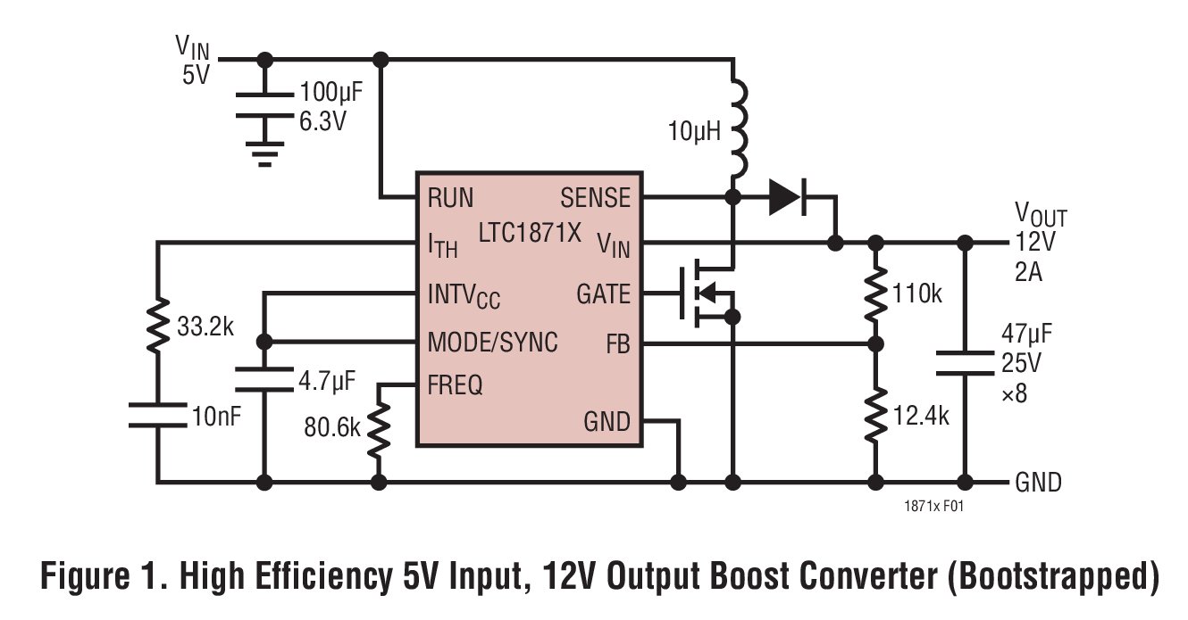 Figure 1. High Efficiency 5V Input, 12V Output Boost Converter (Bootstrapped)