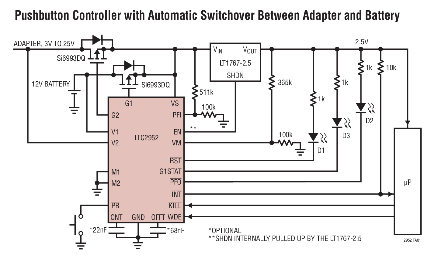 Pushbutton Controller with Automatic Switchover Between Adapter and Battery