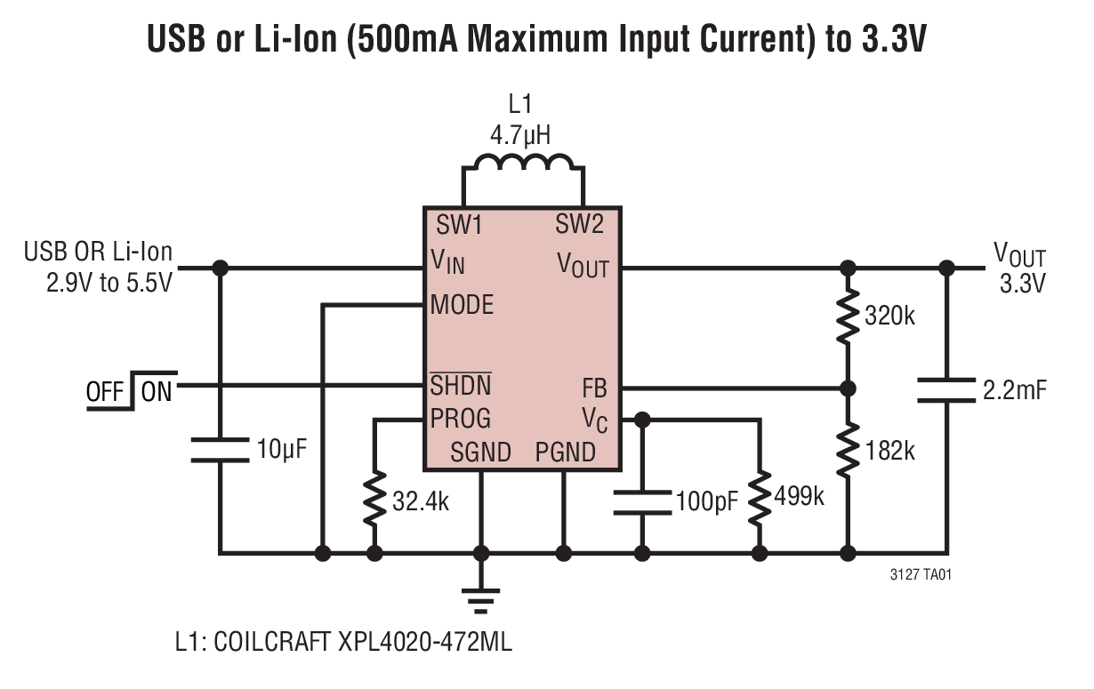 USB or Li-Ion (500mA Maximum Input Current) to 3.3V