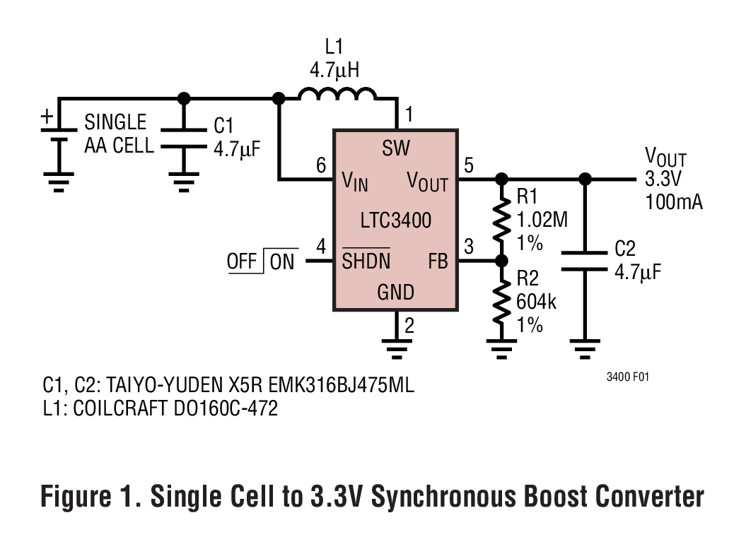 Figure 1. Single Cell to 3.3V Synchronous Boost Converter