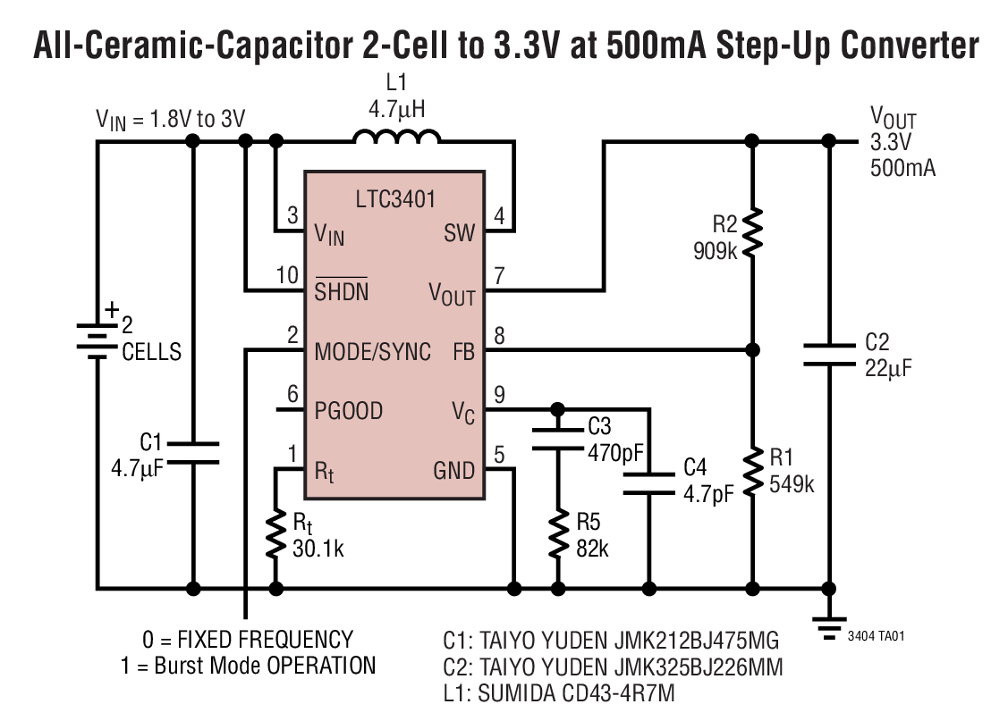 All-Ceramic-Capacitor 2-Cell to 3.3V at 500mA Step-Up Converter
