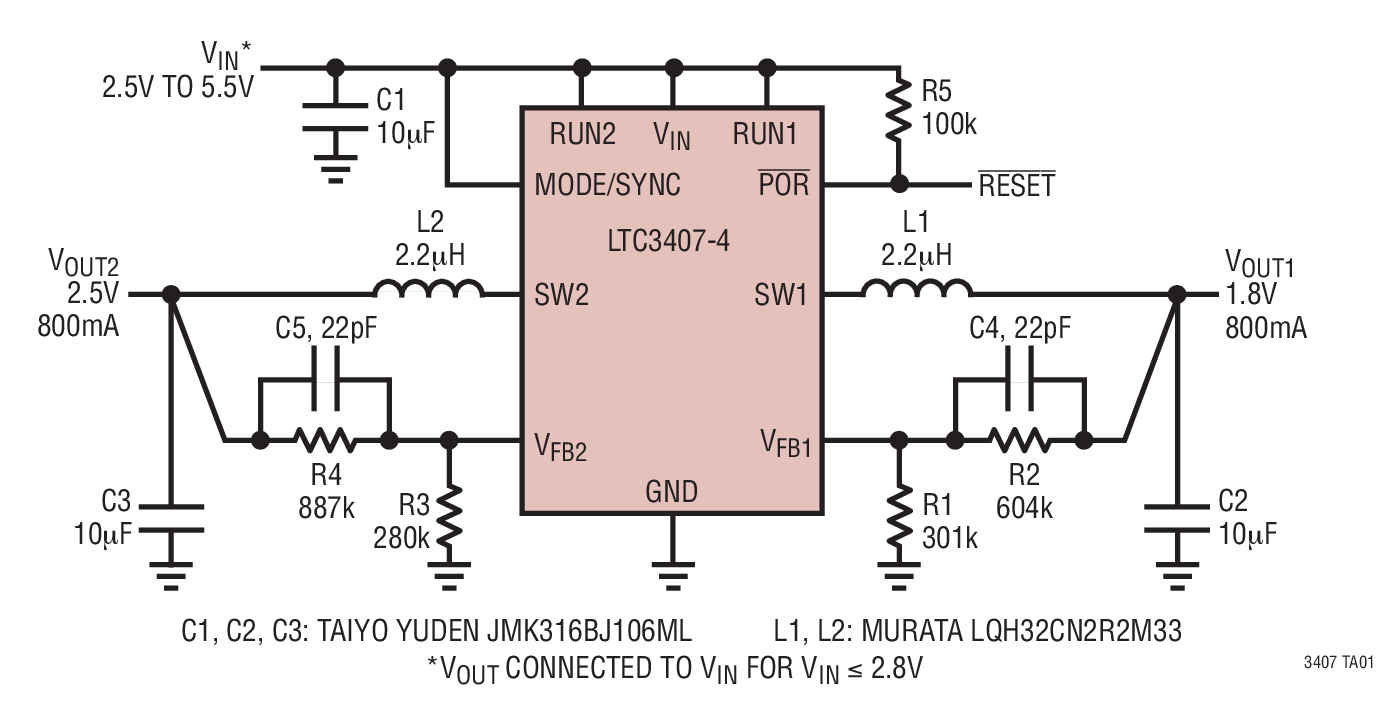 2.5V/1.8V at 800mA Step-Down Regulators